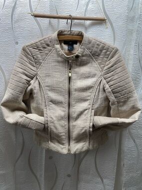 H&M Moto Jacket Womens Size 4 Beige Cream Tweed‎ Quilted Faux Suede Excellent